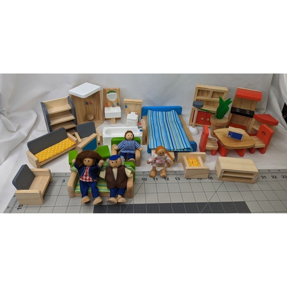 Wooden Furniture Dollhouse Lot Living Dining Bathroom Kitchen